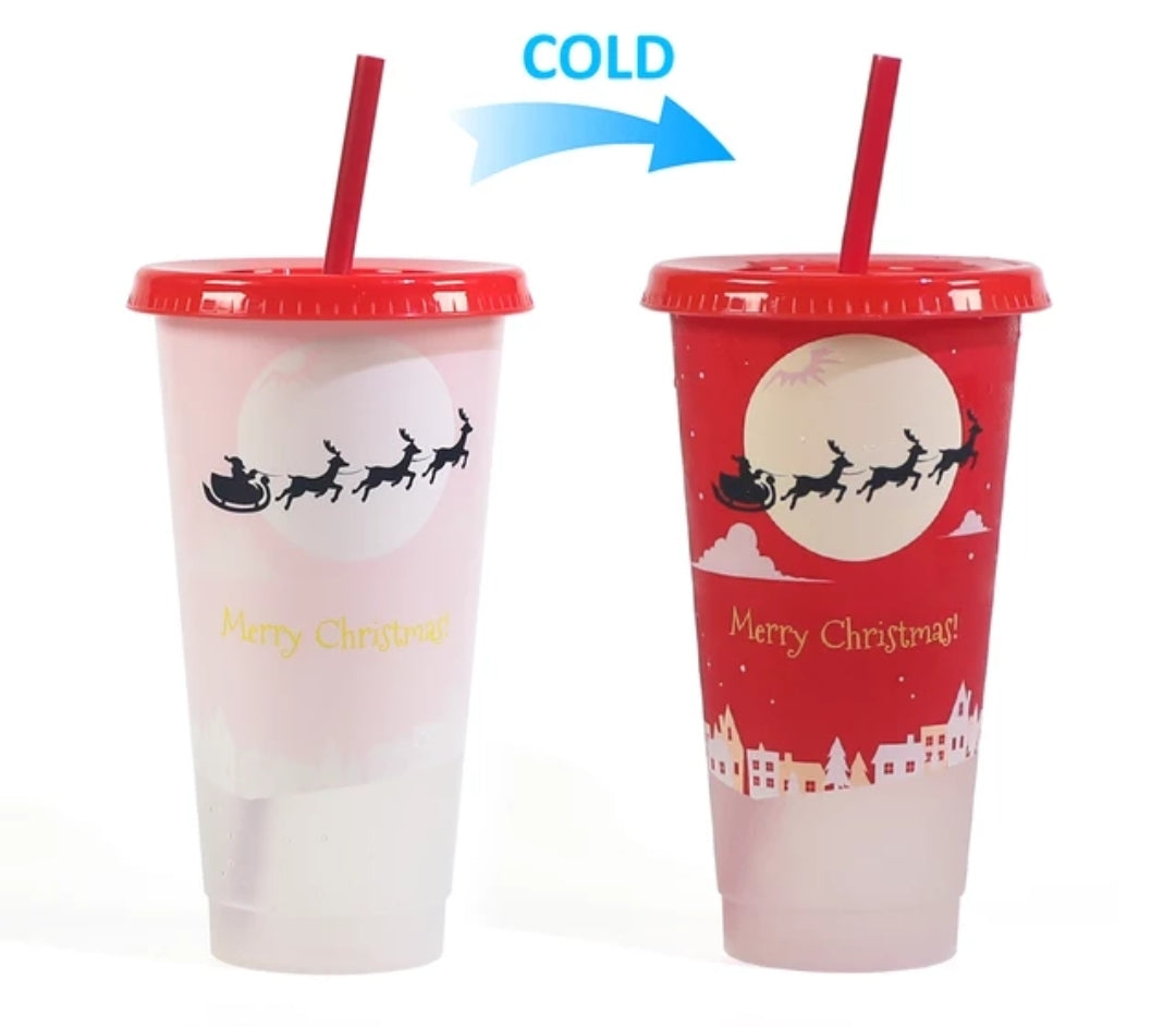 710 mL Color Changing Reusable Christmas Cups with Straw