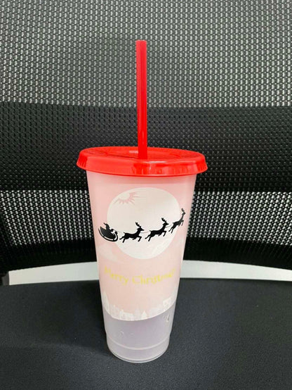 710 mL Color Changing Reusable Christmas Cups with Straw