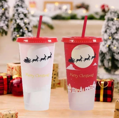 710 mL Color Changing Reusable Christmas Cups with Straw