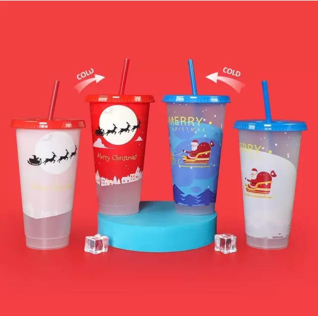 710 mL Color Changing Reusable Christmas Cups with Straw