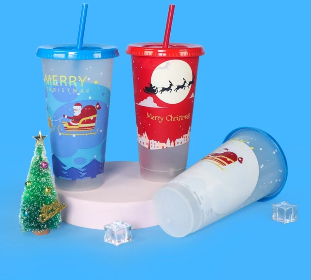 710 mL Color Changing Reusable Christmas Cups with Straw