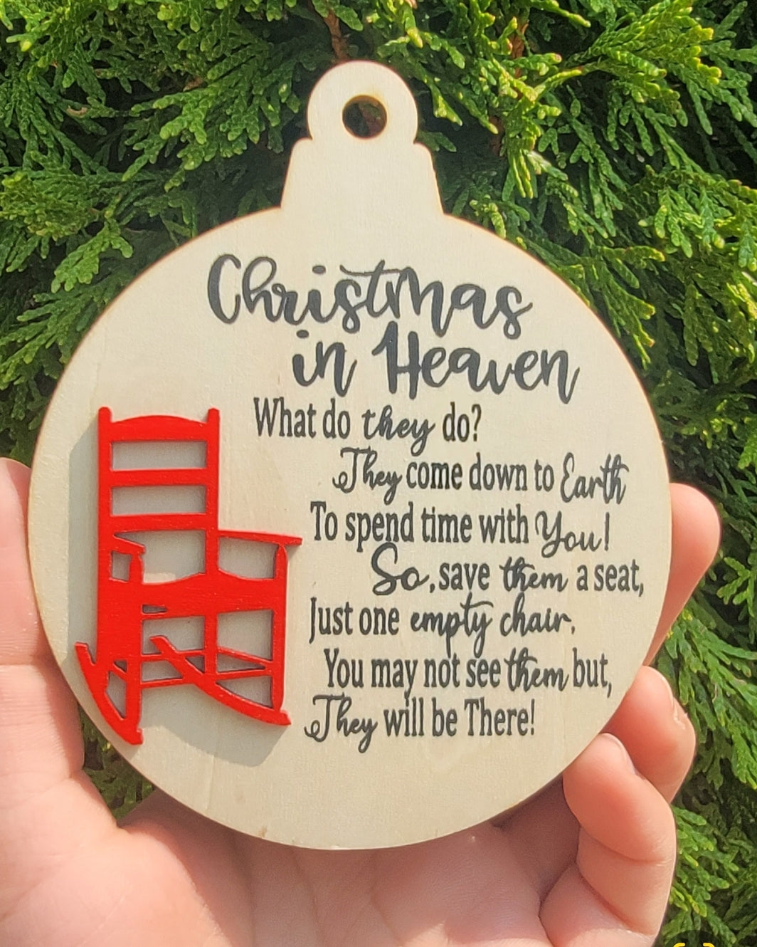 Wood 3D Laser Red Chair Christmas in Heaven Ornament