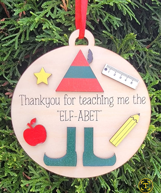 Elf-phabet Elf Teacher Thank you ornaments